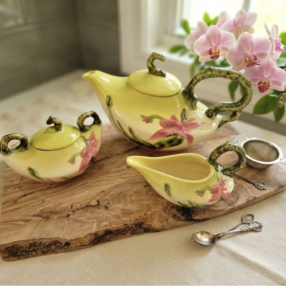 Rare Vintage Majolica-Style Orchid Tea Set – Teapot, Creamer, Sugar Bowl